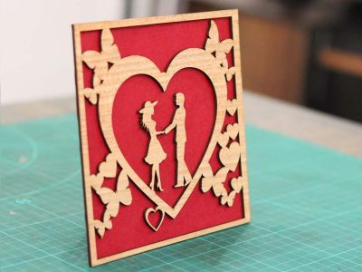 图纸封面-Happy Valentine Day Gift Card Couple with Heart Wooden Card 激光切割矢量文件