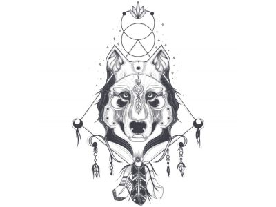 图纸封面-几何狼头正面视图插画，适用于纹身草图